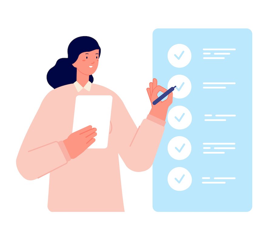 Dark-haired woman with a checklist